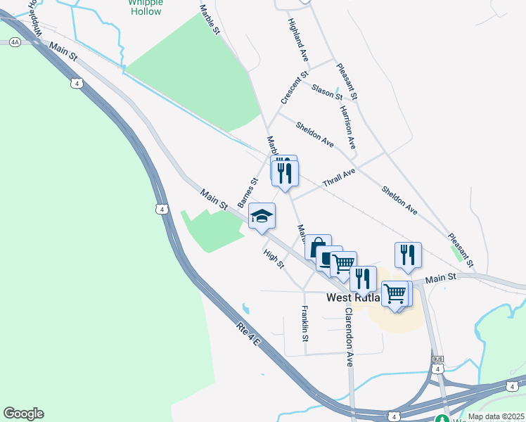 map of restaurants, bars, coffee shops, grocery stores, and more near 99 Smith Street in West Rutland