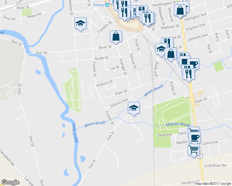 map of restaurants, bars, coffee shops, grocery stores, and more near 107 Plain Street in Rutland