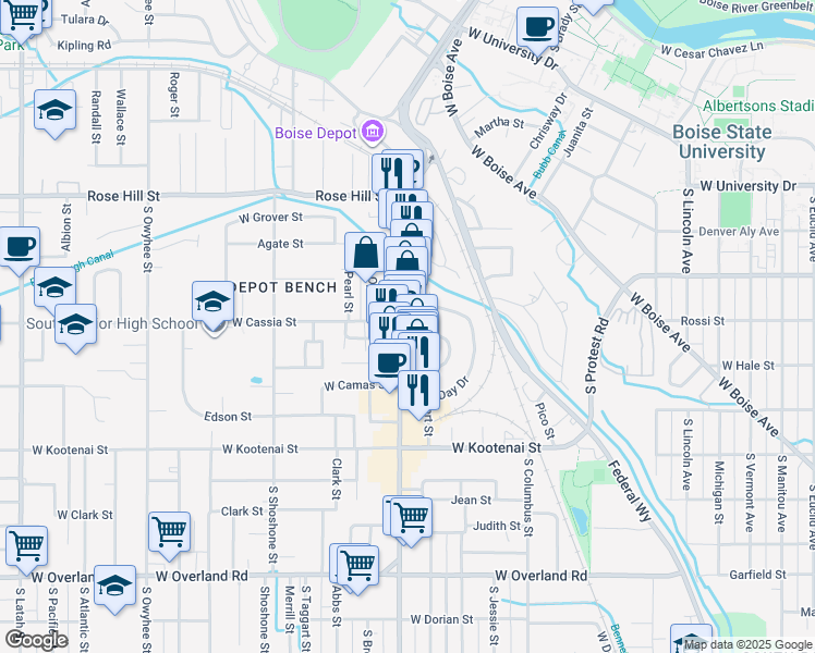 map of restaurants, bars, coffee shops, grocery stores, and more near 812 South Vista Avenue in Boise