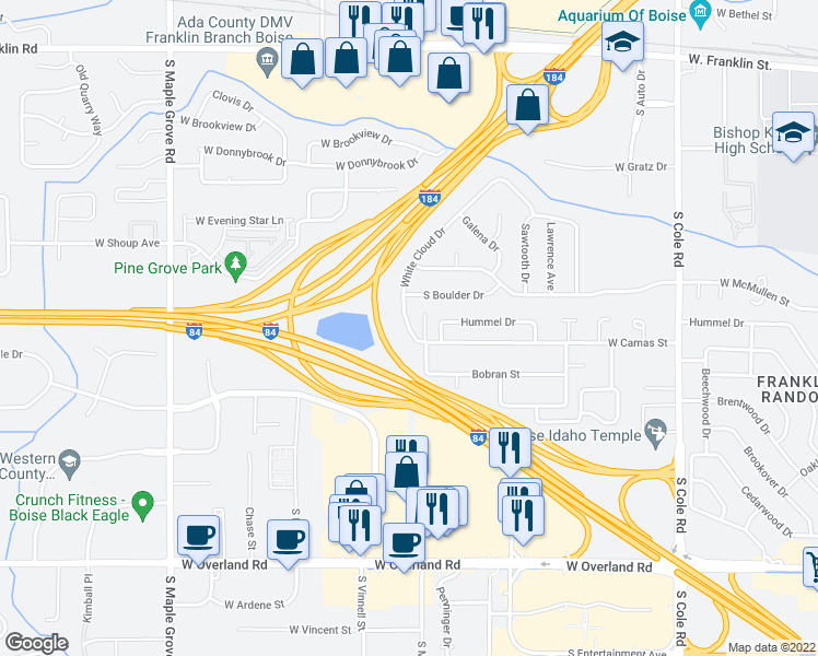 map of restaurants, bars, coffee shops, grocery stores, and more near 859 White Cloud Drive in Boise