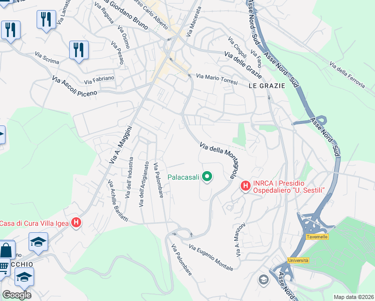 map of restaurants, bars, coffee shops, grocery stores, and more near 27 Via del Commercio in Ancona