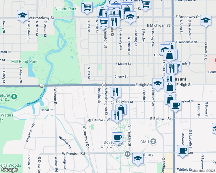 map of restaurants, bars, coffee shops, grocery stores, and more near 121 West High Street in Mount Pleasant