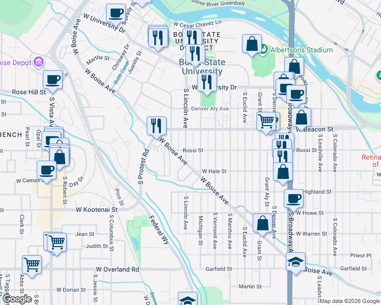 map of restaurants, bars, coffee shops, grocery stores, and more near 1220 South Lincoln Avenue in Boise