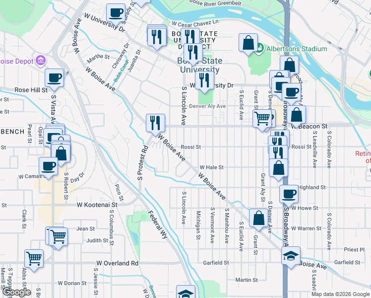 map of restaurants, bars, coffee shops, grocery stores, and more near 1220 South Lincoln Avenue in Boise