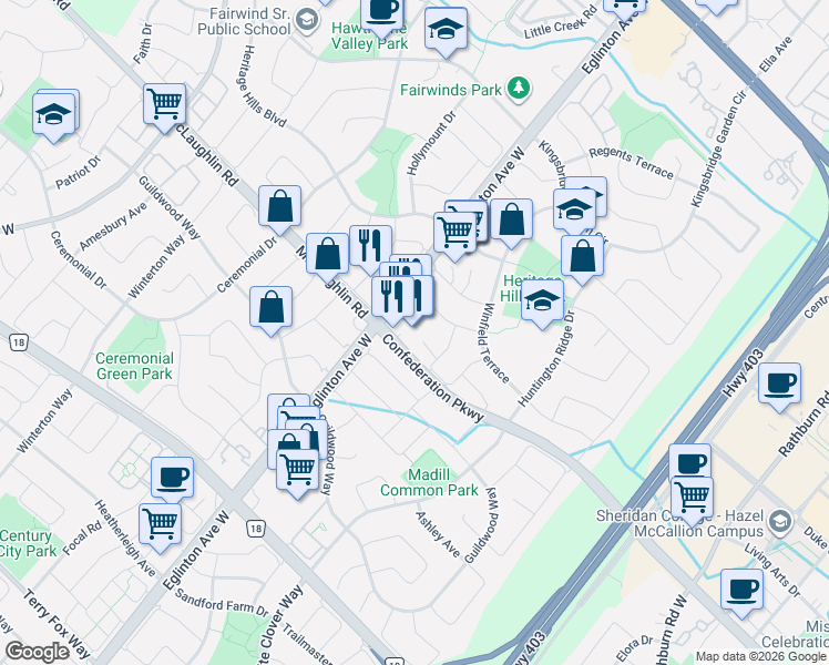 map of restaurants, bars, coffee shops, grocery stores, and more near 488 Eglinton Avenue West in Mississauga