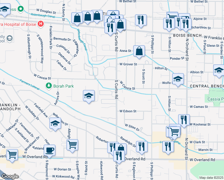 map of restaurants, bars, coffee shops, grocery stores, and more near 701 South Curtis Road in Boise