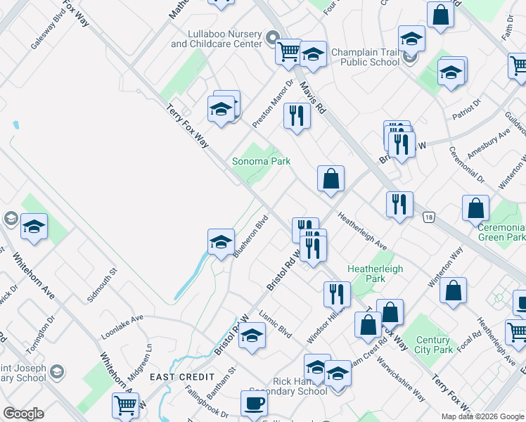 map of restaurants, bars, coffee shops, grocery stores, and more near 1031 Blueheron Boulevard in Mississauga