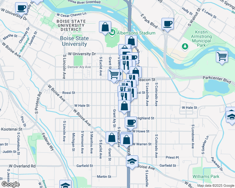 map of restaurants, bars, coffee shops, grocery stores, and more near 1219 Broadway Avenue in Boise