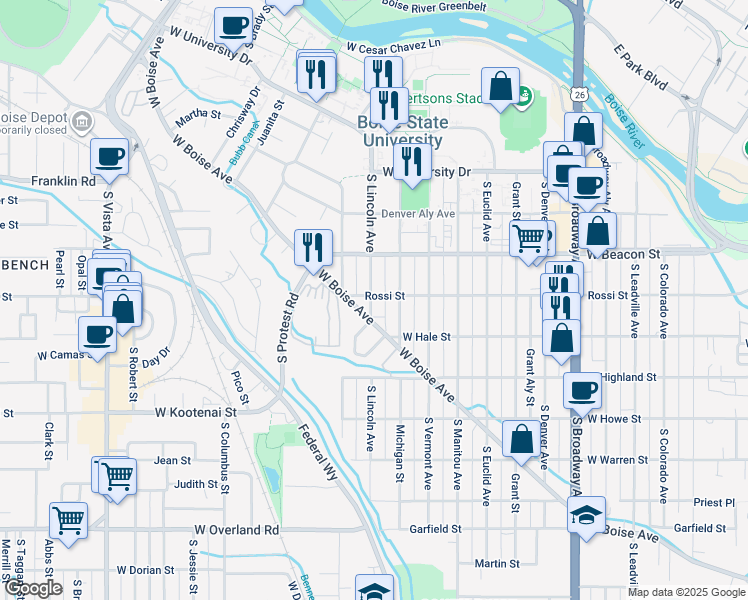 map of restaurants, bars, coffee shops, grocery stores, and more near 1220 South Lincoln Avenue in Boise