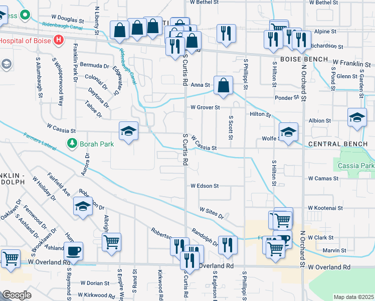 map of restaurants, bars, coffee shops, grocery stores, and more near 5709 West Cassia Street in Boise