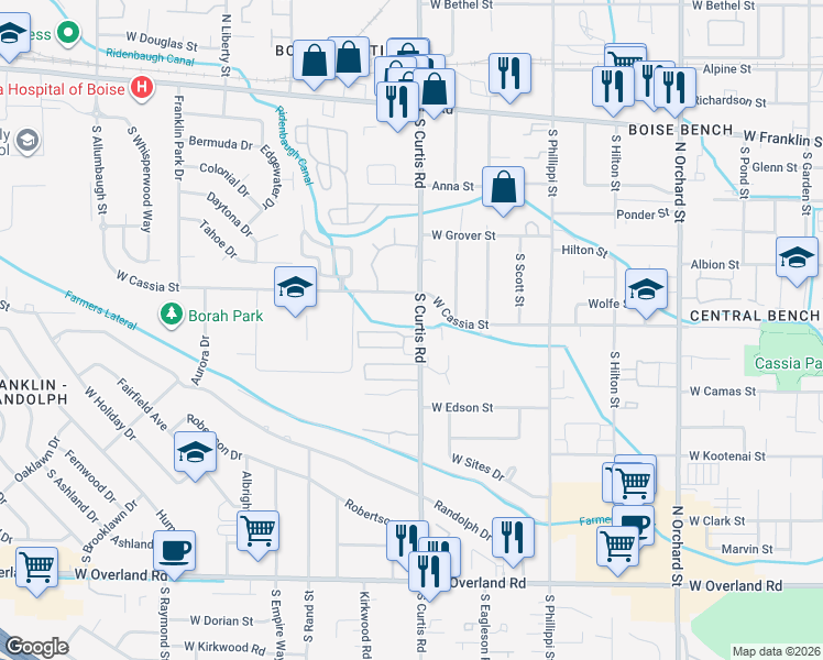 map of restaurants, bars, coffee shops, grocery stores, and more near 701 South Curtis Road in Boise