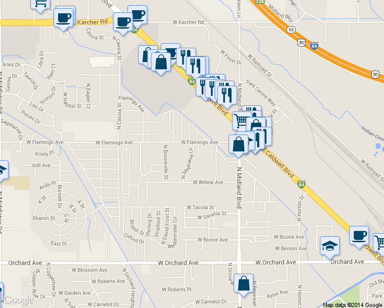 map of restaurants, bars, coffee shops, grocery stores, and more near 1215 West Flamingo Avenue in Nampa