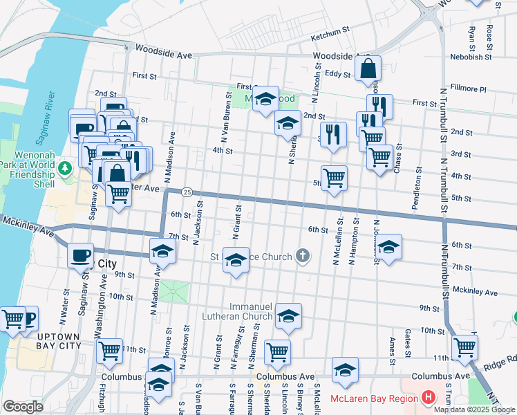 map of restaurants, bars, coffee shops, grocery stores, and more near 1113 Center Avenue in Bay City