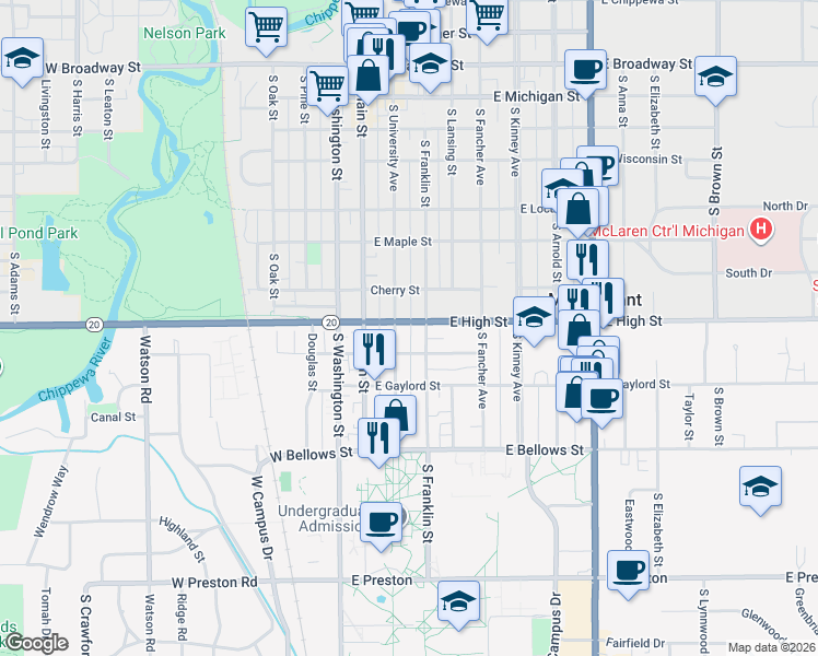 map of restaurants, bars, coffee shops, grocery stores, and more near 708 South University Avenue in Mount Pleasant