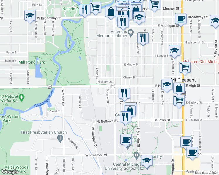 map of restaurants, bars, coffee shops, grocery stores, and more near 218 West High Street in Mount Pleasant