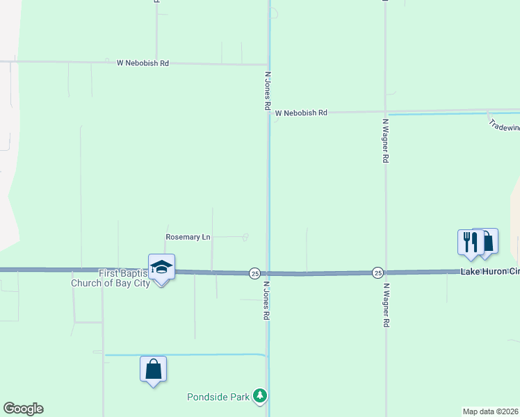 map of restaurants, bars, coffee shops, grocery stores, and more near 1125 North Jones Road in Essexville