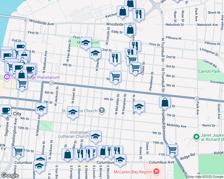 map of restaurants, bars, coffee shops, grocery stores, and more near 1499 Center Avenue in Bay City