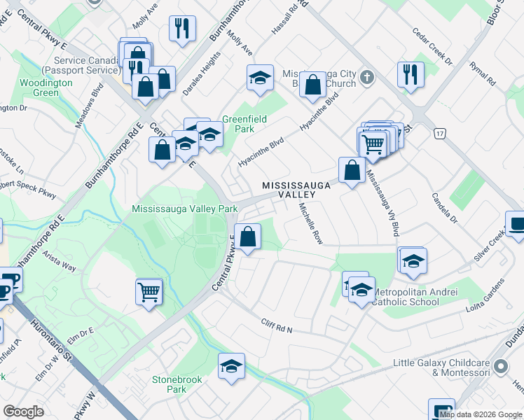 map of restaurants, bars, coffee shops, grocery stores, and more near 400 Bloor Street in Mississauga