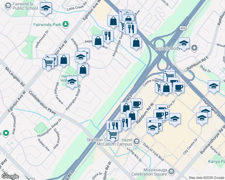 map of restaurants, bars, coffee shops, grocery stores, and more near in Mississauga