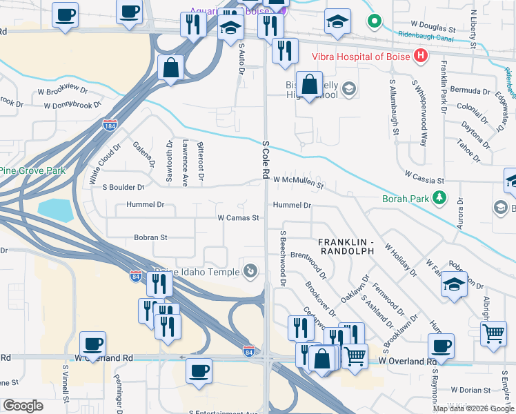 map of restaurants, bars, coffee shops, grocery stores, and more near 708 South Cole Road in Boise