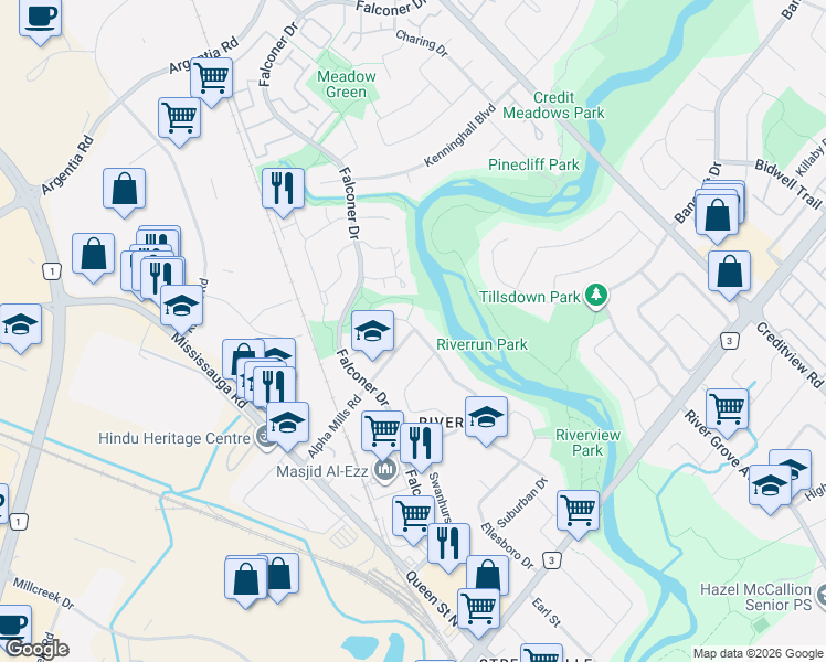 map of restaurants, bars, coffee shops, grocery stores, and more near 20 Plainsman Road in Mississauga