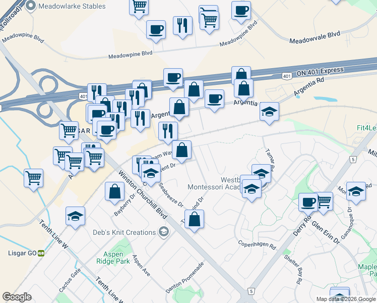 map of restaurants, bars, coffee shops, grocery stores, and more near 2854 Gulfstream Way in Mississauga