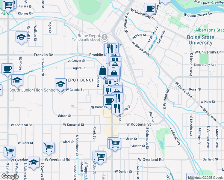 map of restaurants, bars, coffee shops, grocery stores, and more near 725 South Vista Avenue in Boise
