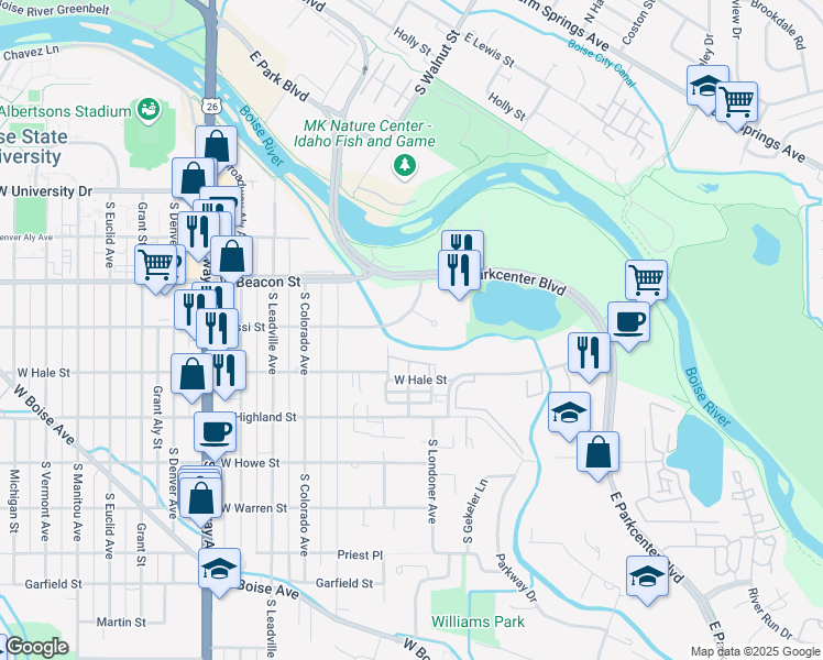 map of restaurants, bars, coffee shops, grocery stores, and more near 345 Bobwhite Court in Boise
