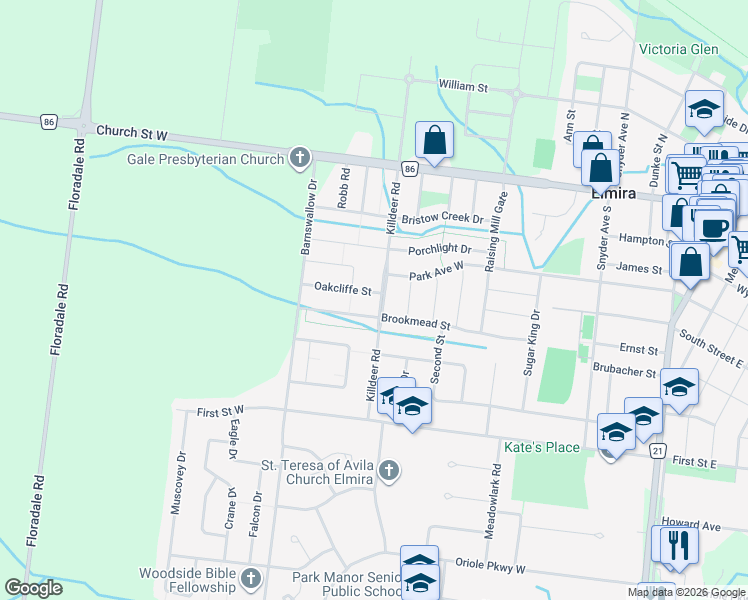 map of restaurants, bars, coffee shops, grocery stores, and more near 80 Coral Gables Crescent in Elmira