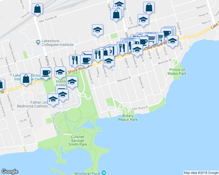 map of restaurants, bars, coffee shops, grocery stores, and more near Eleventh Street in Toronto