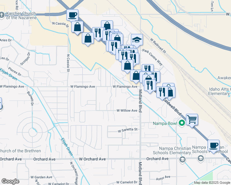 map of restaurants, bars, coffee shops, grocery stores, and more near 1215 West Flamingo Avenue in Nampa