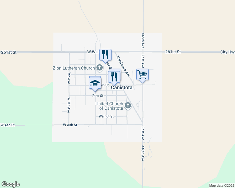 map of restaurants, bars, coffee shops, grocery stores, and more near 421-499 2nd Avenue in Canistota