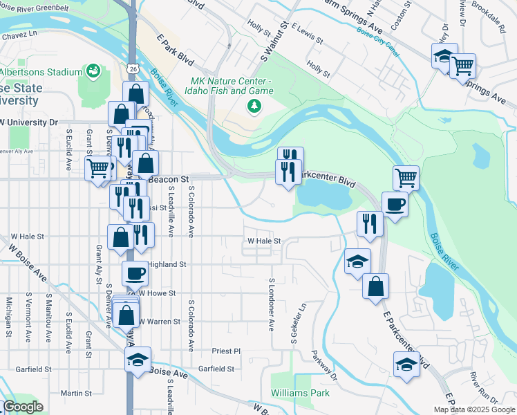 map of restaurants, bars, coffee shops, grocery stores, and more near 345 Bobwhite Court in Boise