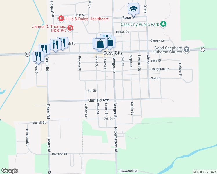 map of restaurants, bars, coffee shops, grocery stores, and more near 6470 3rd Street in Cass City