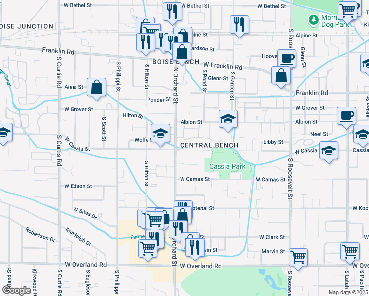 map of restaurants, bars, coffee shops, grocery stores, and more near 4900 Cassia Street in Boise