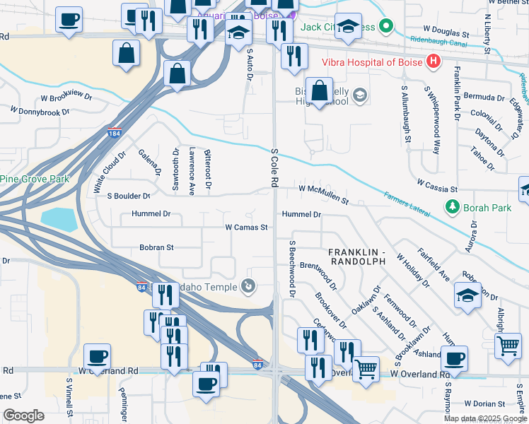 map of restaurants, bars, coffee shops, grocery stores, and more near 822 South Gardenaire Place in Boise