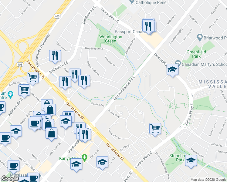 map of restaurants, bars, coffee shops, grocery stores, and more near in Mississauga