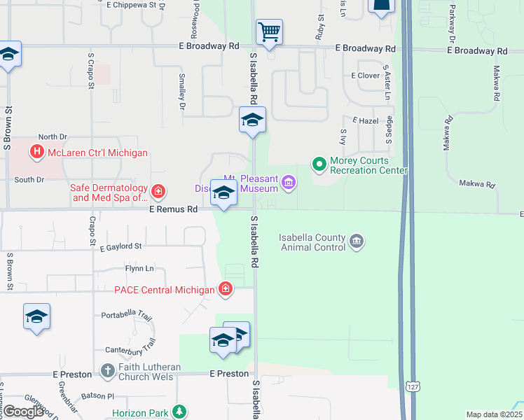map of restaurants, bars, coffee shops, grocery stores, and more near 5093 East Remus Road in Mount Pleasant