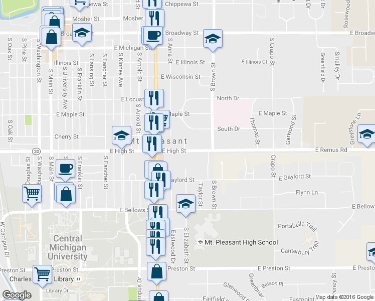 map of restaurants, bars, coffee shops, grocery stores, and more near 1103 East High Street in Mount Pleasant