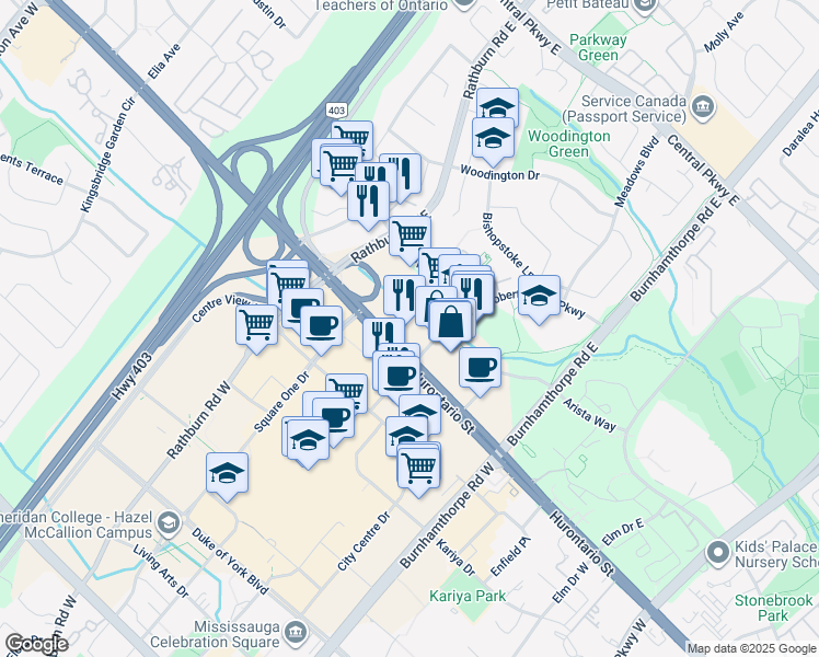 map of restaurants, bars, coffee shops, grocery stores, and more near 1 Robert Speck Parkway in Mississauga