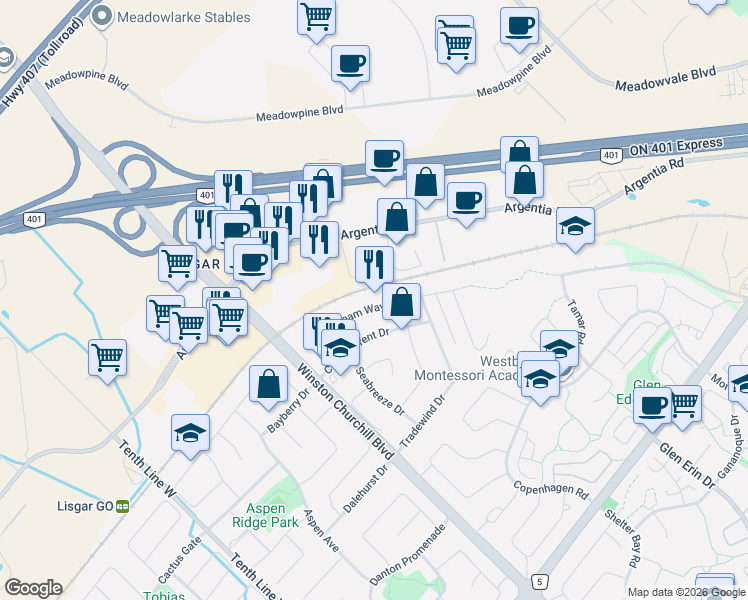 map of restaurants, bars, coffee shops, grocery stores, and more near 2889 Gulfstream Way in Mississauga