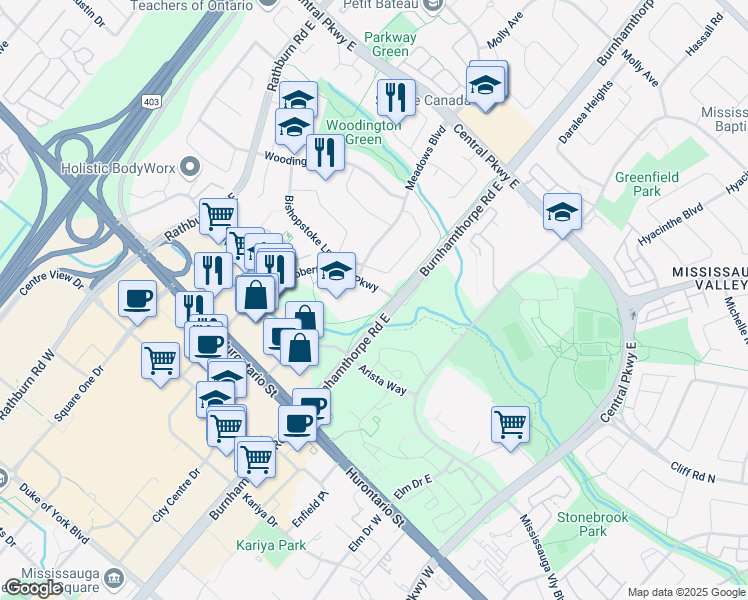 map of restaurants, bars, coffee shops, grocery stores, and more near in Mississauga