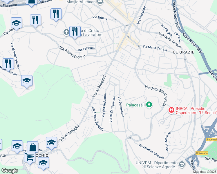 map of restaurants, bars, coffee shops, grocery stores, and more near 16 Via dell' Industria in Ancona