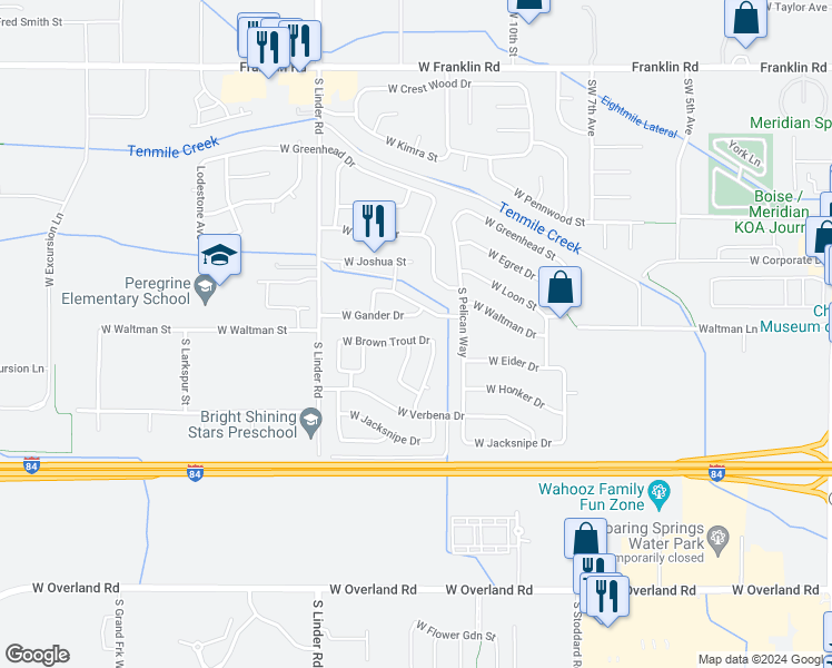 map of restaurants, bars, coffee shops, grocery stores, and more near 1276 West Brown Trout Drive in Meridian