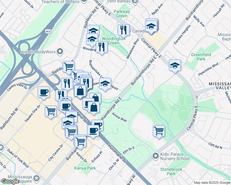 map of restaurants, bars, coffee shops, grocery stores, and more near 200 Robert Speck Parkway in Mississauga