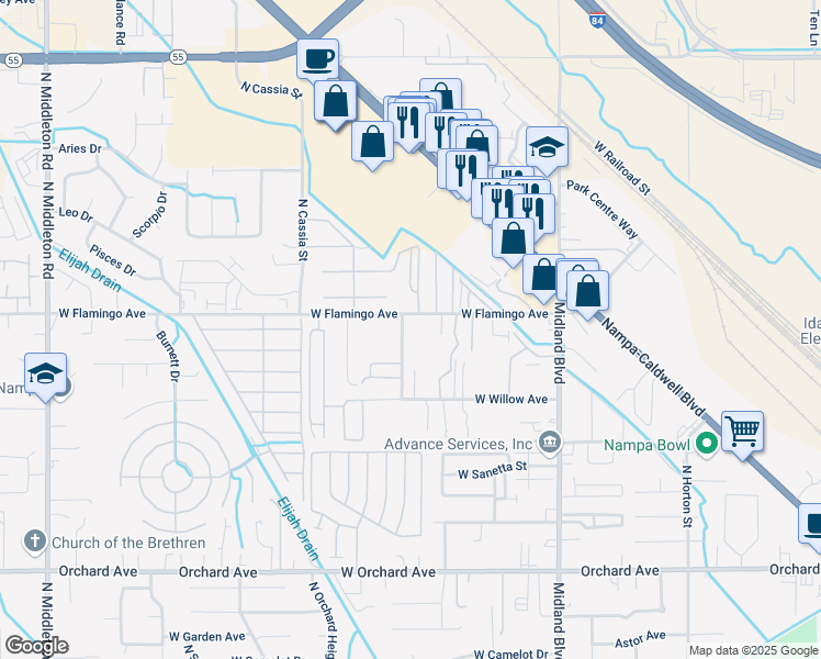 map of restaurants, bars, coffee shops, grocery stores, and more near 1411 North Bonneville Street in Nampa