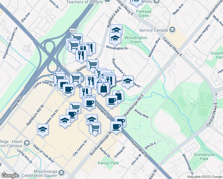 map of restaurants, bars, coffee shops, grocery stores, and more near 3 Robert Speck Parkway in Mississauga