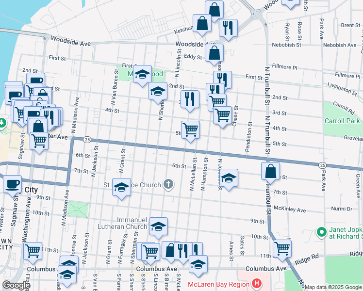 map of restaurants, bars, coffee shops, grocery stores, and more near 1401 Center Avenue in Bay City