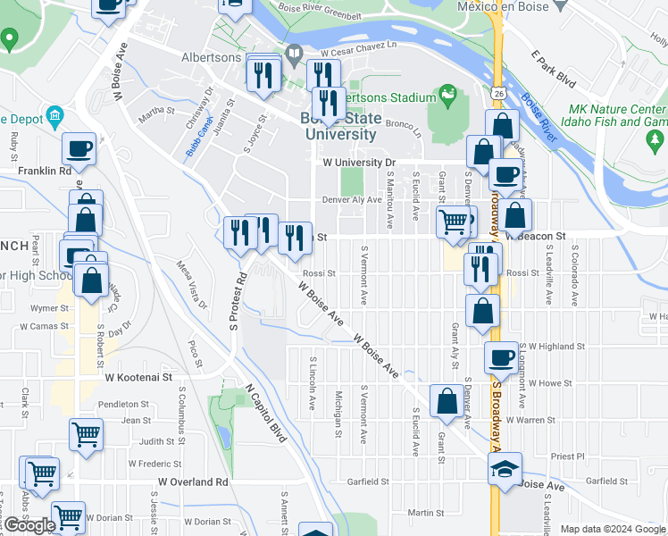 map of restaurants, bars, coffee shops, grocery stores, and more near 1220 South Lincoln Avenue in Boise