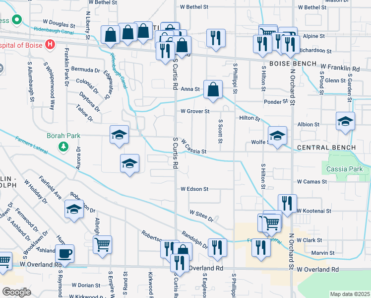 map of restaurants, bars, coffee shops, grocery stores, and more near 5709 West Cassia Street in Boise